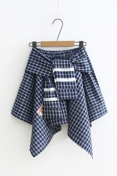 Girls Summer Tie-Front Contrast Trim Animal Check Print Asymmetric Mini Skirt