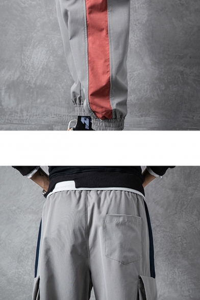 Guys New Fashion Colorblock Tape Side Drawstring Waist Elastic Cuffs Casual Tapered Cargo Pants with Side Pockets