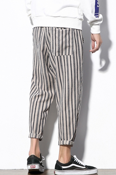 Guys New Fashion Retro Stripe Pattern Drawstring Waist Casual Loose Tapered Pants