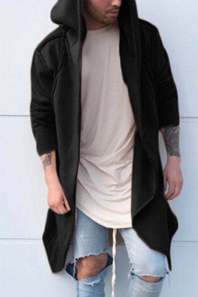 Guys New Trendy Simple Plain Open Front Long Sleeve Hooded Long Cardigan Coat