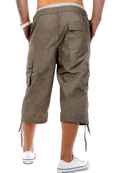 Guys Popular Fashion Simple Plain Flap Pocket Ribbon Embellished Cropped Cotton Cargo Pants