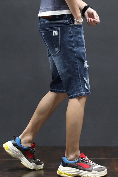 Guys Summer Trendy Letter Patchwork Vintage Washed Slim Fit Blue Denim Shorts