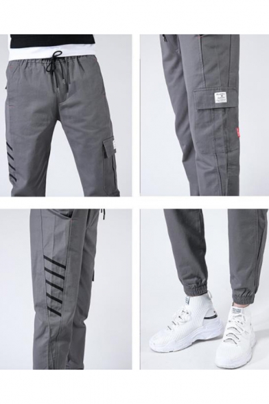 Guys Trendy Diagonal Stripes Printed Drawstring Waist Elastic Cuffs Casual Cotton Cargo Pants with Side Pocket