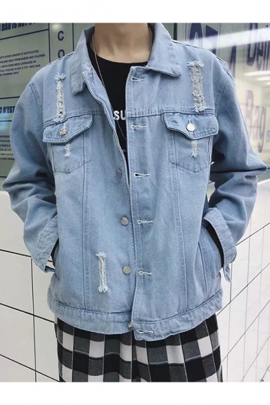 Guys Trendy Light Blue Destroyed Ripped Button Down Casual Denim Jacket