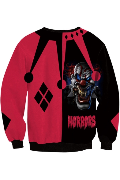 Halloween Horrors Clown Print Round Neck Long Sleeve Black and Red Sweatshirt