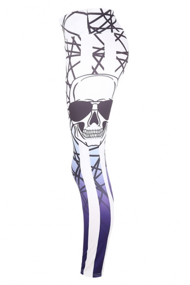 Halloween Style Skull Printed Striped Side Elastic Waist Skinny Fitted Legging Pants