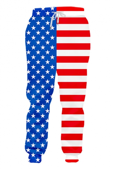 Hot Fashion America Flag Printed Drawstring Waist Blue and Red Polyester Jogger Sweatpants