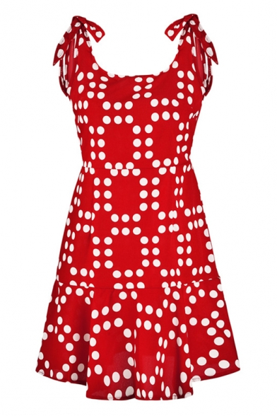 Hot Popular Summer Classic Red Polka Dot Print Bow-Tied Straps Open Back Mini A-Line Ruffled Dress