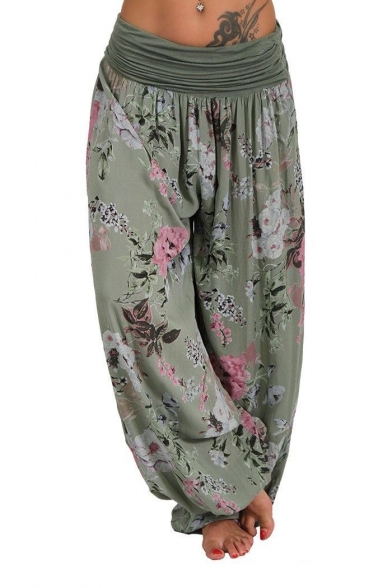 Vintage Elastic Waist Floral Printed Wide Leg Bloomer Pants