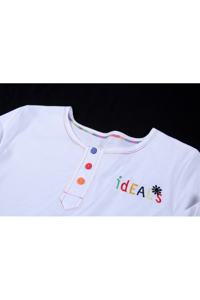 Hot Stylish White Button Down Ideals Letter Embroidery Short Sleeve Round Neck Casual T-Shirts
