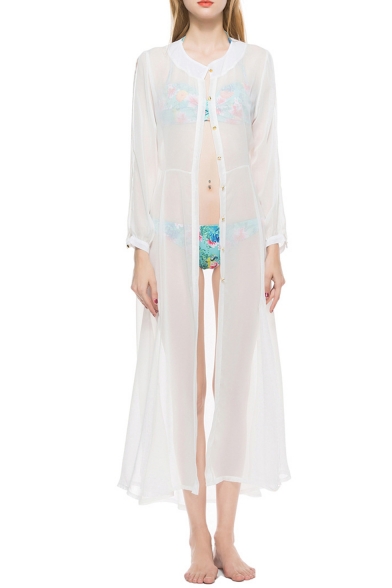 Hot Stylish White Sheer Chiffon Long Sleeve Button Down Sunscreen Holiday Maxi Shirt Dress Bikini Cover Up Dress