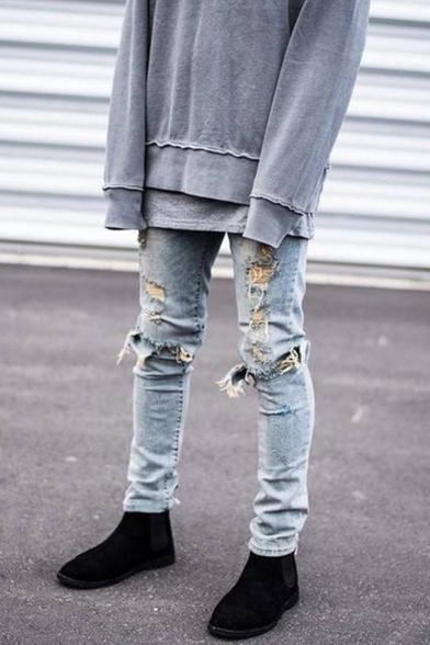 Men's Cool Fashion Simple Plain Knee Cut Light Blue Ripped Biker Jeans