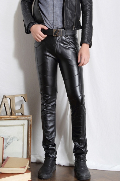 Men's Cool Fashion Solid Color Slim Fit Black PU Leather Pants