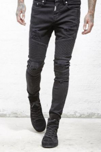 Men's Solid Color Zipped Cuffs Slim Pleated Ripped Biker - Beautifulhalo.com