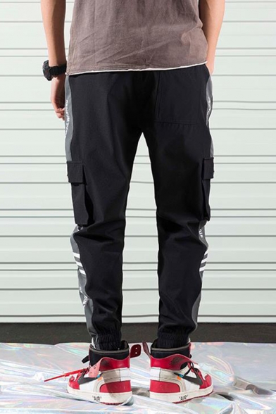 Men's Fashion Diagonal Stripes Letter Print Drawstring Waist Elastic Cuff Cargo Pants