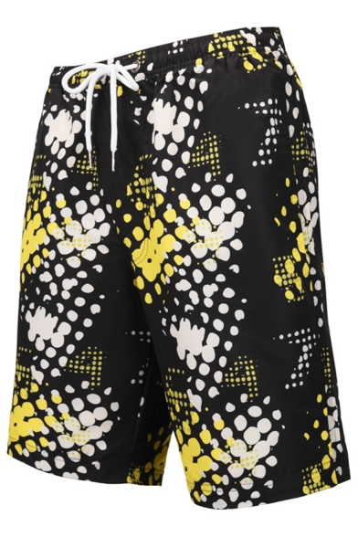 Men's Fashion Pattern Black Casual Drawstring Waist Sport Swim Trunks with Pockets