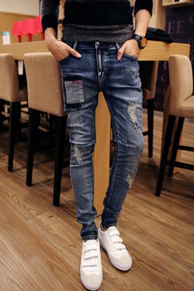 Men's Fashion Retro Patched Slim Fit Blue Ripped Jeans