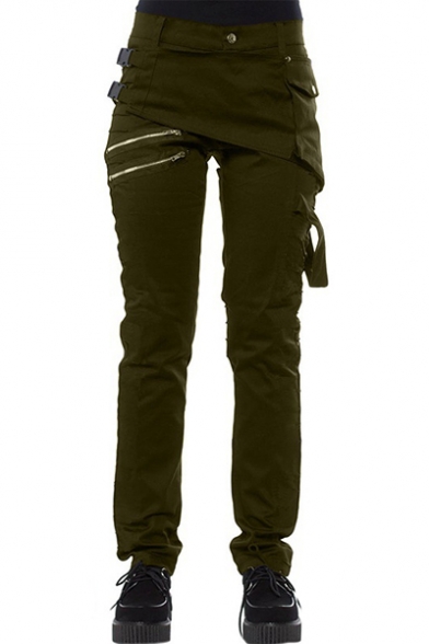 Men's Fashion Unique Buckle Design Double Zipper Embellished Slim Fit Plain Pencil Pants