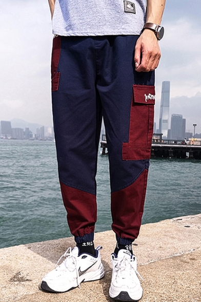 Men's New Fashion Colorblock Letter Printed Elastic Cuffs Hip Pop Casual Cargo Pants