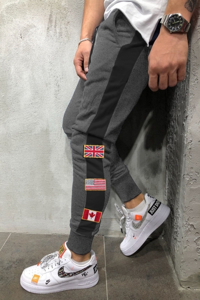 Men's New Fashion Flag Patched Contrast Tape Side Drawstring Waist Casual Sweatpants Pencil Pants
