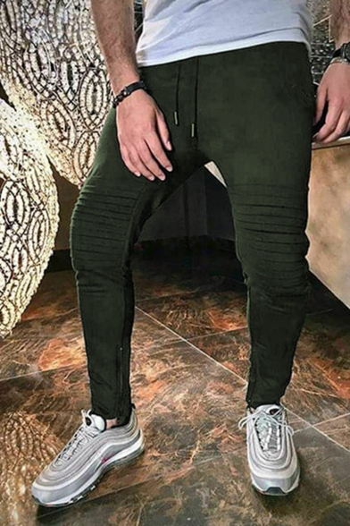 Men's New Fashion Knee Pleated Zipped Cuffs Simple Plain Casual Slim Sweatpants Sports Pencil Pants