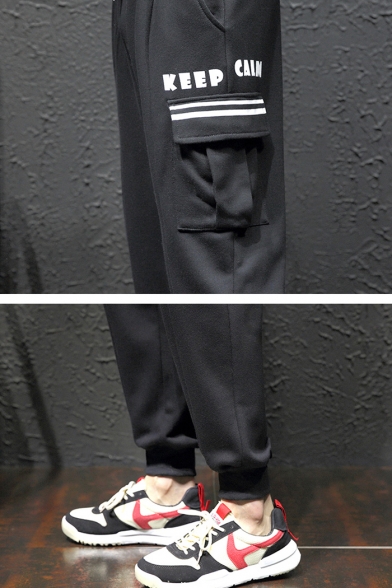 Men's New Fashion Letter KEEP CALM Stripe Printed Drawstring Waist Casual Cotton Cargo Pants