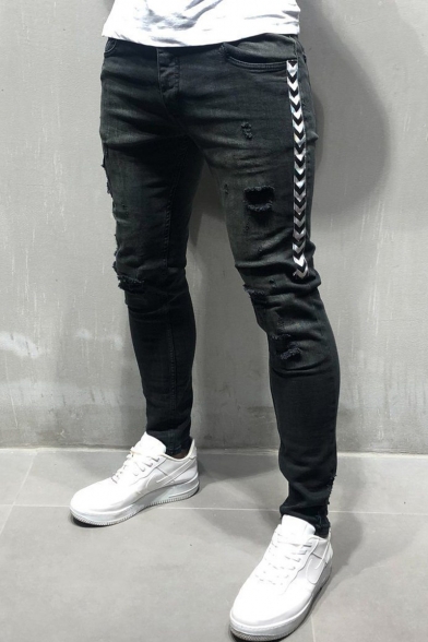 Men's New Fashion Printed Ribbon Tape Side Stretch Slim Fit Black Ripped Jeans