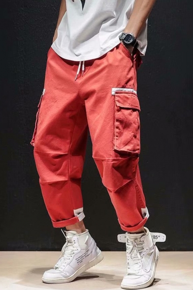 Men's Popular Fashion Contrast Flap Pocket Side Drawstring Waist Straight Loose Cargo Pants