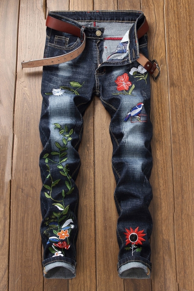 Men's Popular Fashion Leaves Floral Embroidery Pattern Black Retro Jeans