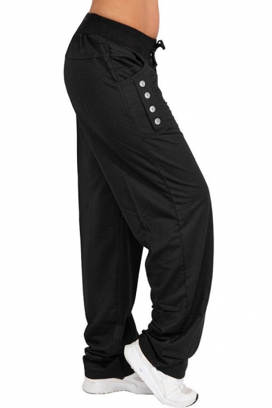 Men's Popular Fashion Solid Color Button Embellished Drawstring Waist Straight Wide Leg Sweatpants