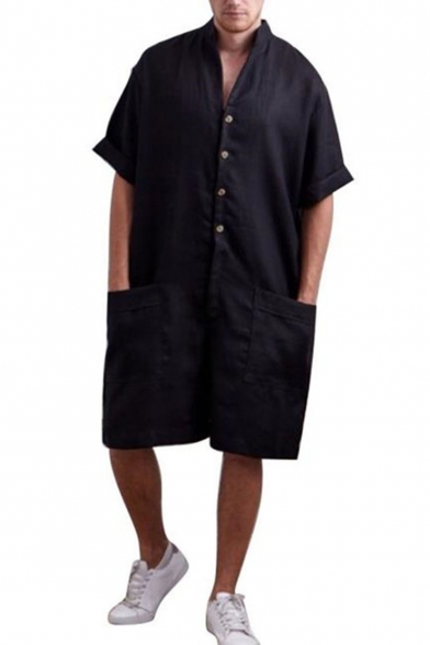 Men's Simple Plain Stand Collar Short Sleeve Button-Down Casual Leisure Rompers with Pockets