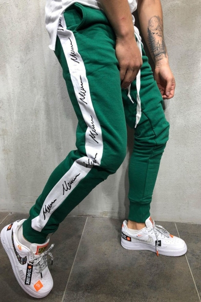 Men's Street Style Colorblock Letter Printed Side Patched Drawstring Waist Slim Fit Casual Cotton Pencil Pants