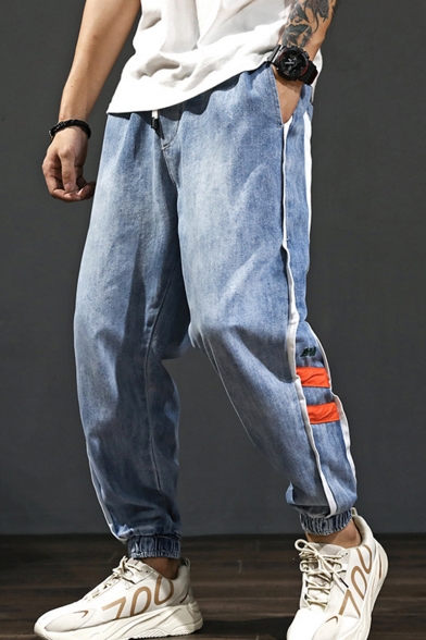 Men's Street Style Trendy Stripe Side Drawstring Waist Elastic Cuffs Light Blue Loose Tapered Jeans