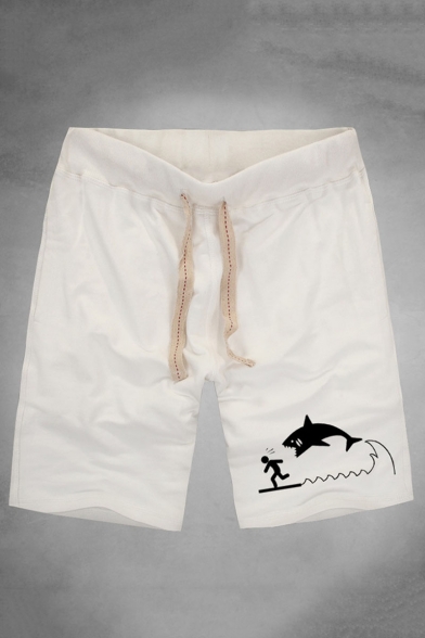 Men's Summer Fashion Cartoon Shark Printed Drawstring Waist Relaxed Cotton Sweat Shorts