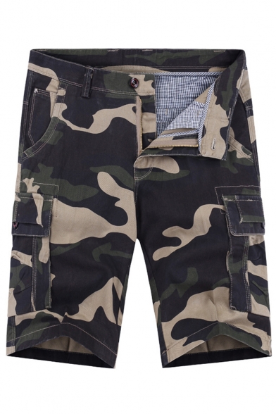 Men's Summer Fashion Cool Camouflage Printed Zip-fly Cotton Cargo Shorts with Side Pockets