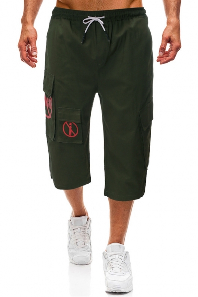 Men's Summer Fashion Logo Print Multi-pocket Casual Straight Cropped Cargo Pants