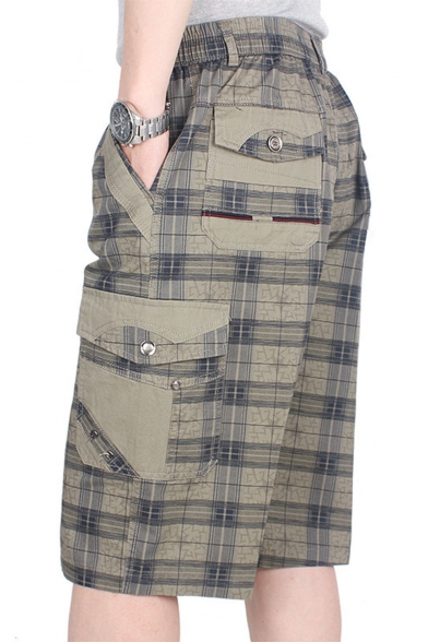 Men's Summer New Fashion Plaid Pattern Multi-pocket Design Casual Loose Cargo Shorts
