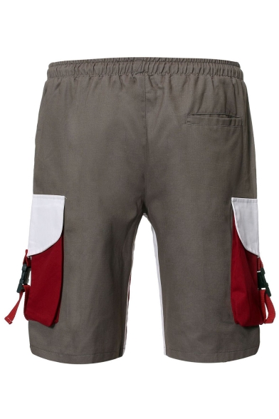 Men's Summer New Stylish Colorblock Buckle Flap Pocket Drawstring Waist Leisure Cotton Cargo Shorts