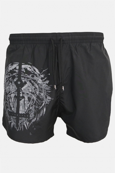Men's Summer Trendy Cool Tiger Printed Elastic Waist Black Casual Quick-drying Athletic Shorts