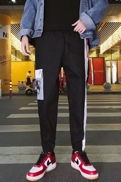 Men's Trendy Colorblock Letter A Printed Flap Pocket Elastic Cuffs Hip Pop Casual Cargo Pants