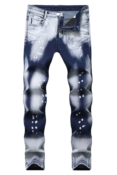 Men's Trendy Denim-Washed Polka Dot Printed Blue Casual Retro Jeans