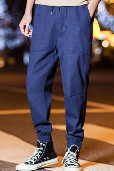 Men's Trendy Drawstring Waist Elastic Cuffs Casual Simple Plain Sports Tapered Pants