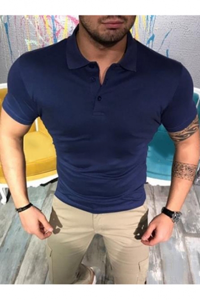 Kimloog Mens Solid Short Sleeve Polo Shirt Slim Fit Lapel Buttons Tops 