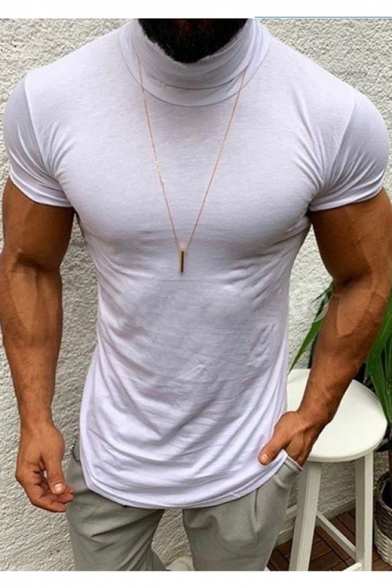 Mens New Stylish Simple Plain High Neck Short Sleeve Slim Fitted T-Shirt