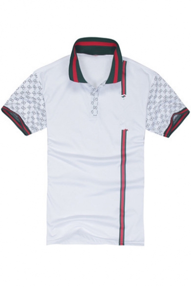 Mens Stylish Contrast Collar Striped Trim Short Sleeve Casual Fitted Polo Shirt