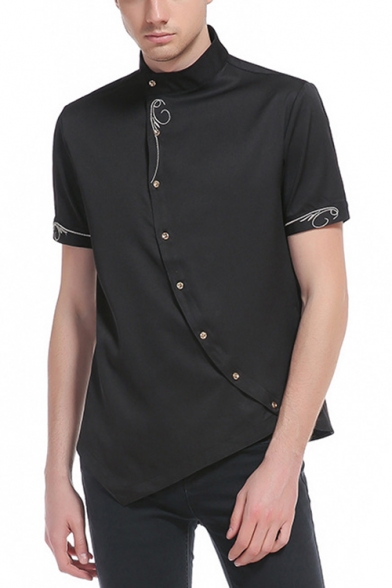 Mens Stylish Unique Stand Collar Oblique Button Front Short Sleeve Asymmetric Hem Fitted Shirt