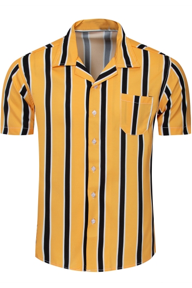 Mens Stylish Yellow Vertical Striped Print Short Sleeve Button Up ...