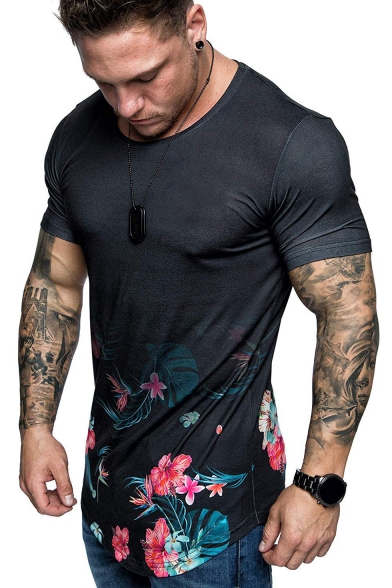 Mens Summer Hot Popular Floral Printed Round Neck Short Sleeve Fitted Hipster T-Shirt