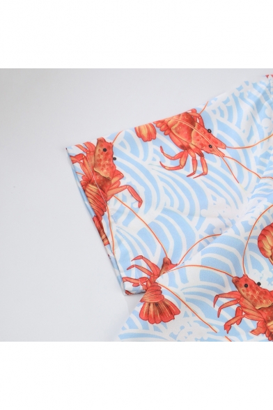 Mens Unique Fashion Lobster Print Short Sleeve Light Blue Button Camp Shirt