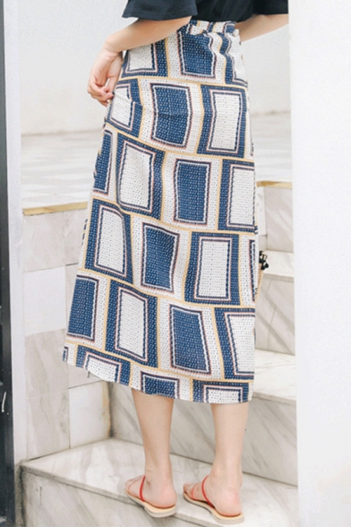 New Arrival Womens Hot Fashion Tie-Waist Geometric Print Fitted Midi Wrap Skirt